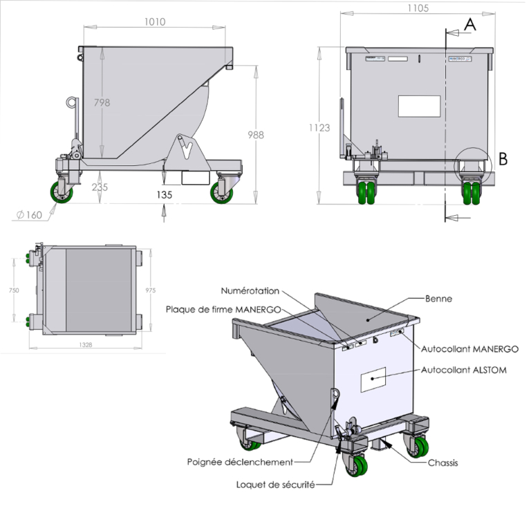 Benne auto basculante 500 litres roues jumelées