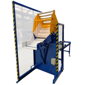 ROTOVID case tipper with roller conveyor and adjustable flap