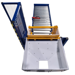 ROTOVID case tipper with roller conveyor and chute